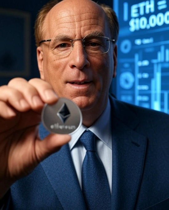 An older man in a blue suit and glasses holds up a physical Ethereum (ETH) coin toward the camera, with a digital screen displaying '1 ETH = $10,000' and financial charts behind him.