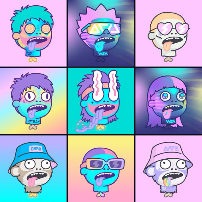 A 3x3 grid of colorful, stylized cartoon characters with glowing eyes and protruding tongues, each set against vibrant gradient backgrounds. Several characters wear branded accessories displaying text like "DECAP," "WGM," and "APE," with the bottom-right character wearing a pink "APE" cap, tying into the post's reference to the Decapitation NFT collection.