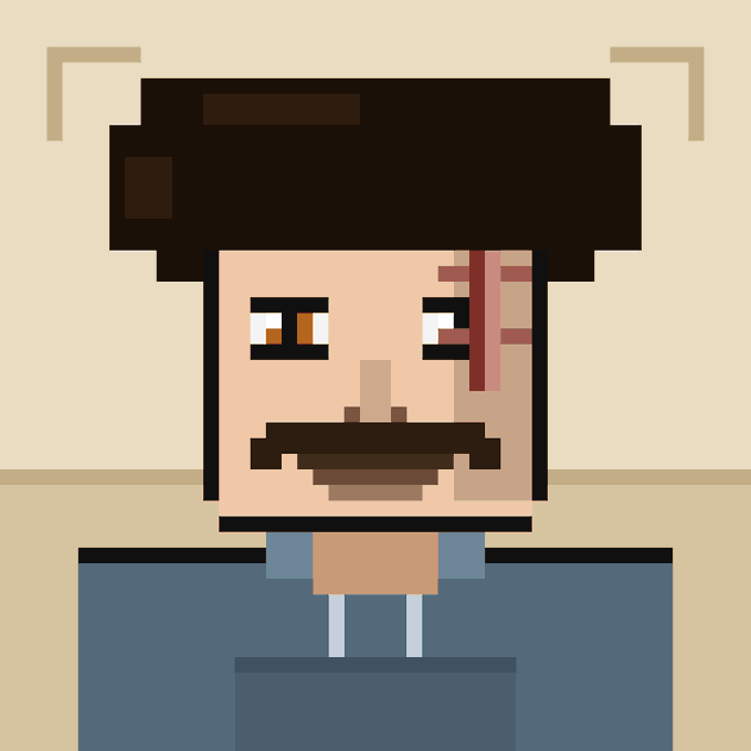 A pixel art portrait of a bearded man with dark hair, a mustache, and a facial scar, wearing a blue and orange outfit. The image likely represents an NFT minted on the Zora network, as referenced in the post about minting on @zaddrnet.