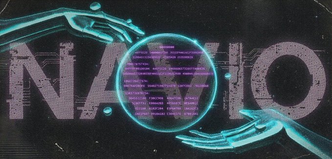 Cyberpunk-style "NANO" cryptocurrency graphic with robotic hands holding a glowing circuit board globe displaying code.