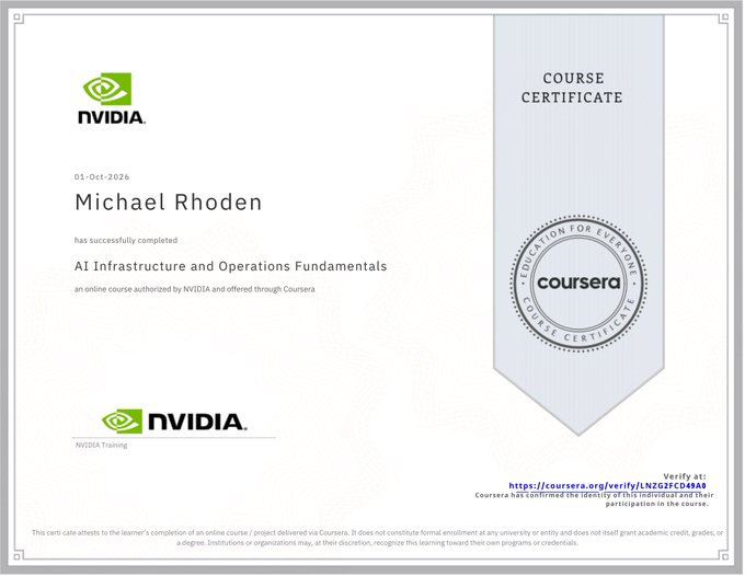 A Coursera course certificate awarded to Michael Rhoden dated 01-Oct-2026 for successfully completing "AI Infrastructure and Operations Fundamentals," an online course authorized by NVIDIA.