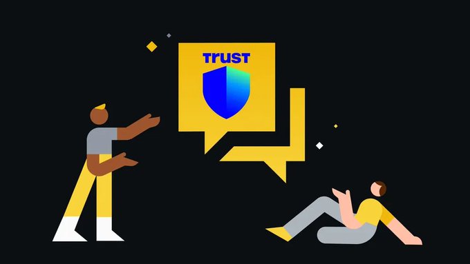 A stylized illustration depicting a person holding up a large yellow speech bubble containing the word "TRUST" and a shield icon, while another person sits on the ground nearby.
