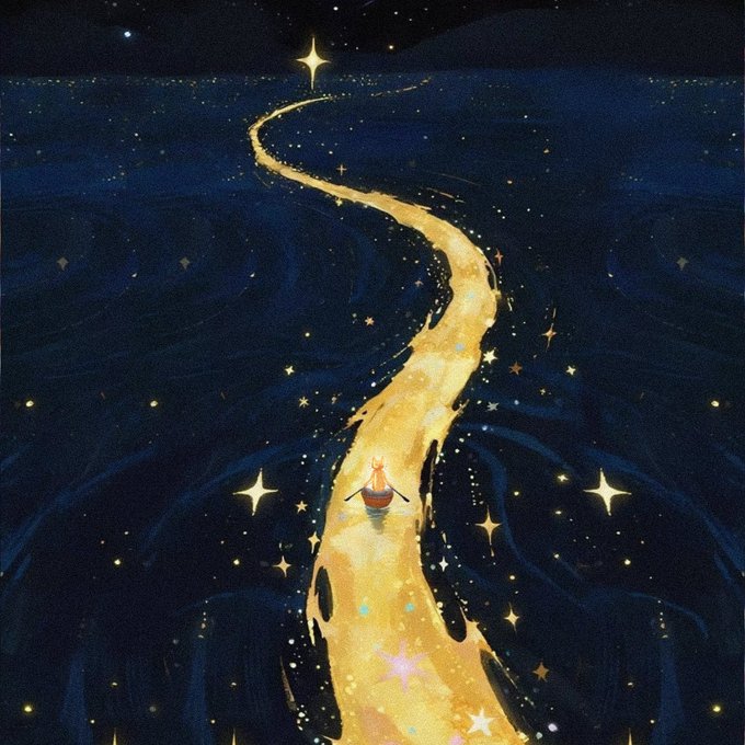 An illustration of a small figure rowing a boat along a glowing golden river of stars through a dark, starry cosmos.