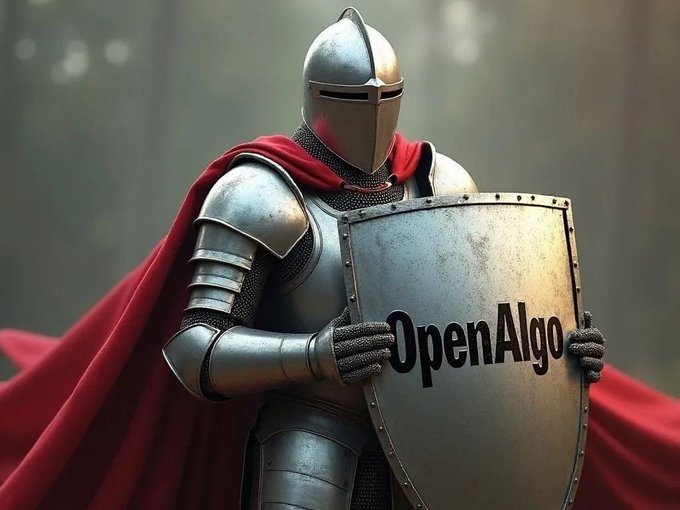 A knight in shining armor with a red cape holding a shield emblazoned with the word 'OpenAlgo'.