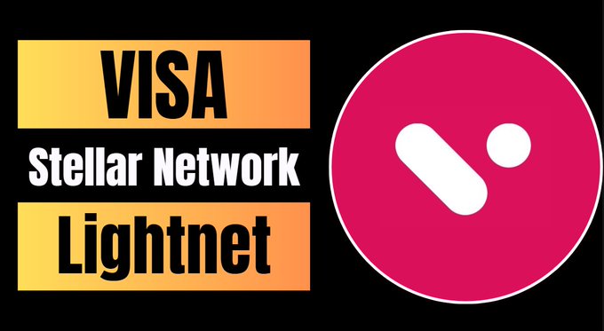 A graphic displaying 'VISA', 'Stellar Network', and 'Lightnet' in yellow boxes next to the pink Stellar logo.