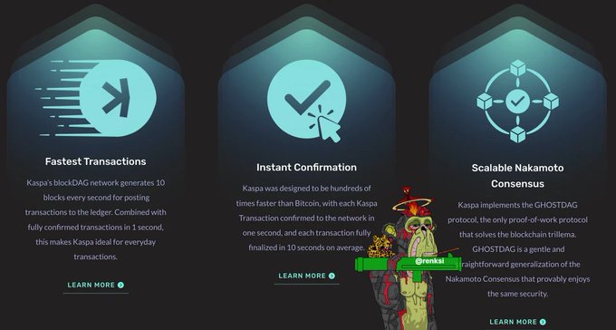 A screenshot of a website screen shows three different types of icons, each explaining an aspect of blockchain technology. The first icon displays an image with a man wearing a hat and holding a sword, symbolizing the concept of scalability. The second icon is a checkmark signifying the instant confirmation feature. The third icon features a clock, representing the proof-of-work architecture. A caption below the icons reads "Instant confirmations", "Scalable Nakamoto Consensus blockDAG architecture" and "Proof of work using Bitcoin mining networks". The image also includes information about a learning center for blockchain technology.