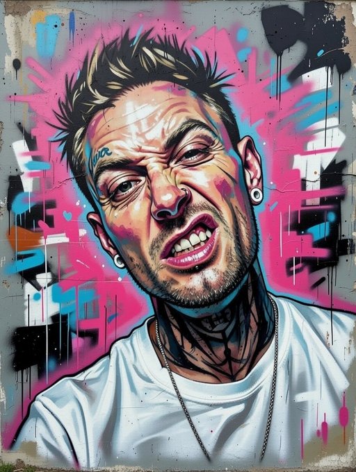 A vibrant graffiti-style street art portrait of a man with spiked hair and facial tattoos wearing a white t-shirt and chain necklace, set against a pink and blue splattered background.