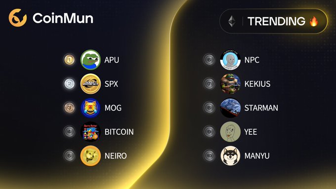 A CoinMun "TRENDING" leaderboard displays the top 10 Ethereum tokens, with $APU, $SPX, $MOG, $BITCOIN, and $NEIRO ranked 1-5, followed by $NPC, $KEKIUS, $STARMAN, $YEE, and $MANYU in positions 6-10, each accompanied by their respective mascot icons and X handles.