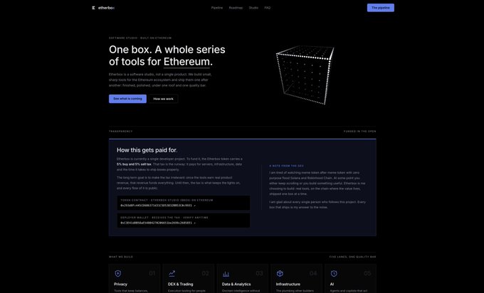 Screenshot of the ether.fi website homepage with the tagline 'One box. A whole series of tools for Ethereum,' detailing their software studio built on Ethereum with sections on privacy, infrastructure, and data analytics.