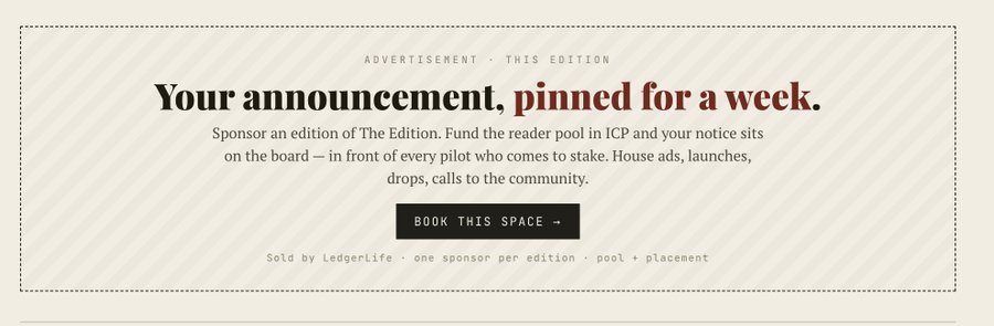 Advertisement banner reading 'Your announcement, pinned for a week' from LedgerLife, offering sponsored ad placements on 'The Edition'.