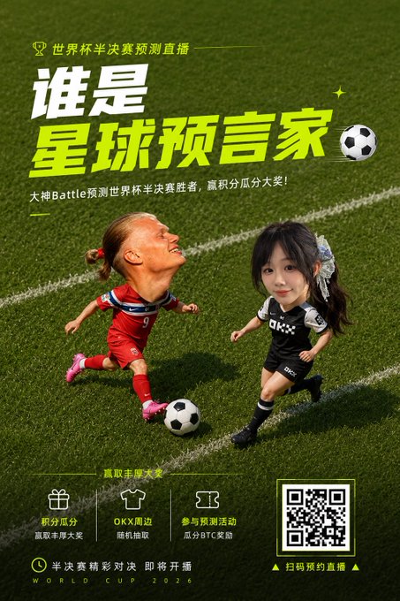 A promotional poster for a World Cup semi-final prediction livestream featuring two cartoonish figures with oversized heads playing soccer on a field, with Chinese text reading "谁是星球预言家" (Who is the Planet Prophet) and "OKX周边" (OKX merchandise), a QR code, and "WORLD CUP 2026" displayed. The image visually represents the post's playful "passing the ball" concept while promoting the OKX-sponsored prediction event and point giveaway.