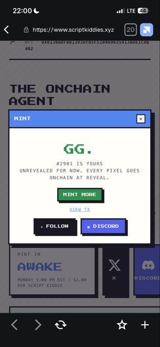 A mobile screenshot from scriptkiddies.xyz showing a pixel-style 'THE ONCHAIN AGENT' NFT mint confirmation, with a message reading 'GG. #2901 IS YOURS. UNREVEALED FOR NOW. EVERY PIXEL GOES ONCHAIN AT REVEAL.'