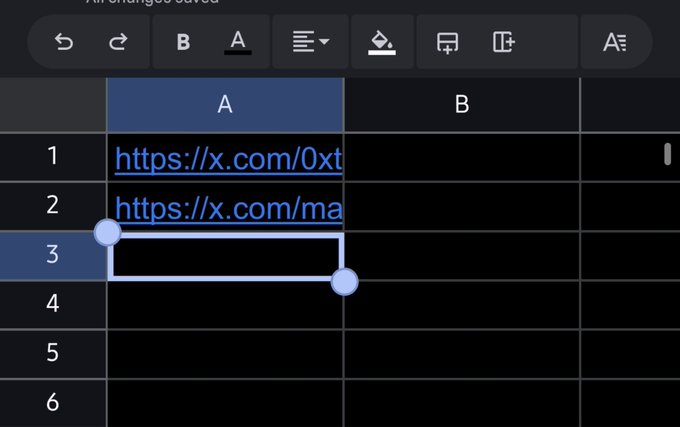 A screenshot of a spreadsheet application showing two X.com URLs in cells A1 and A2, with cell A3 selected and highlighted in blue.
