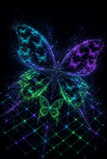 A vibrant digital artwork of a butterfly composed of colorful, glowing wireframe lines in shades of blue, purple, and green against a black background, with smaller butterflies and a geometric grid below it.