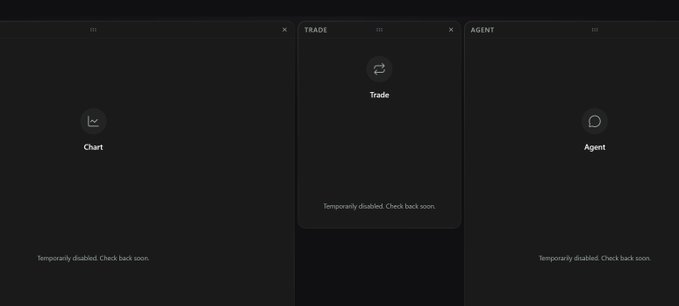 A screenshot showing three disabled panels labeled "Chart," "Trade," and "Agent" on a dark interface, each displaying the message "Temporarily disabled. Check back soon." The image relates to the post about Wayfinder drop funds appearing missing, illustrating a platform where key features are temporarily offline while users wait to access their accounts.