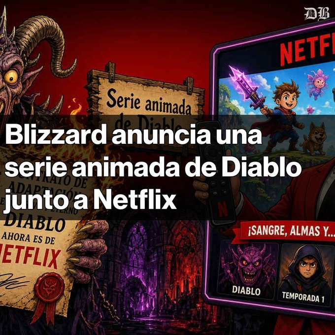 A Spanish-language graphic with text 'Blizzard anuncia una serie animada de Diablo junto a Netflix', featuring a demon character and a Netflix-style screen showing the animated series.