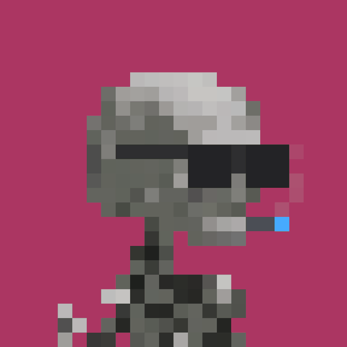 A pixel art character against a magenta background, showing a skeleton-like figure with a gray skull, dark sunglasses, and a glowing blue cigarette, dressed in dark clothing.
