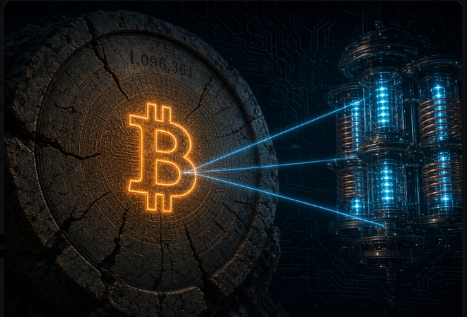 A glowing Bitcoin symbol carved into a cracked tree trunk displays the number "1,096,361" at the top, with blue laser beams emanating from the coin toward futuristic quantum computing hardware on the right. The image visually represents the threat posed by quantum computing advancements to Bitcoin's ECDSA cryptographic security, mirroring the post's warning about Google Quantum AI's progress in potentially breaking signature encryption.