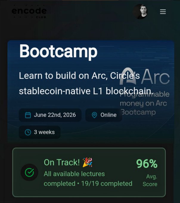A mobile app screen for 'encode club' showing a 'Bootcamp' to 'Learn to build on Arc, Circle's stablecoin-native L1 blockchain,' scheduled for June 22nd, 2026, online for 3 weeks, with progress 'On Track!' and '96% Avg. Score.'