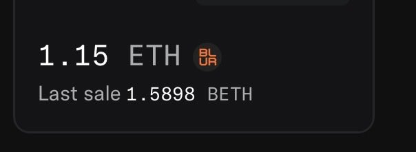A dark interface snippet displaying '1.15 ETH' next to a 'BLUR' logo, with the text 'Last sale 1.5898 BETH' shown below on a black background.