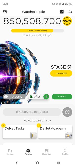 A mobile app screenshot for 'Watcher Node' showing a balance of 850,508,700 $WN, Stage 51 with an upgrade button, and navigation tabs for Storage, Watcher, Node Sale, and Profile.