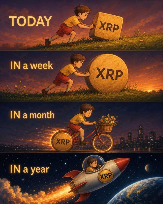 The image shows a series of illustrations depicting a boy riding a bike with an XRP coin attached to his back, which gradually grows larger as he pedals faster. The illustrations are arranged in a line, each showing the progression of the XRP coin's size over time. The caption at the bottom of the image reads "This is huge!!! Many people focus on where XRP is today. Few focus on where it could be after more adoption, institutional involvement, and real-world utility".