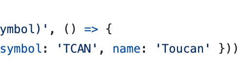 A code snippet showing `{symbol: 'TCAN', name: 'Toucan'}`, referencing the Toucan token.