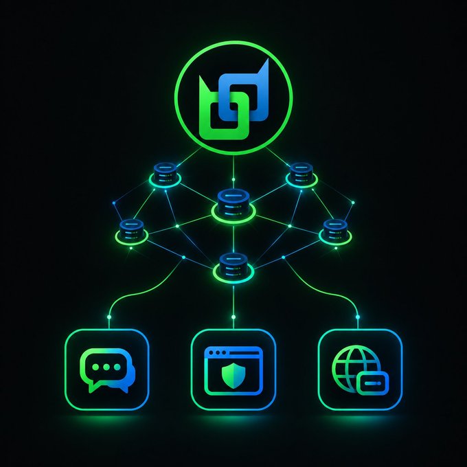 A neon-style digital graphic illustrating a network topology, showing a central logo connecting to multiple database icons, which in turn link to a chat app, a secure browser, and a global web icon.