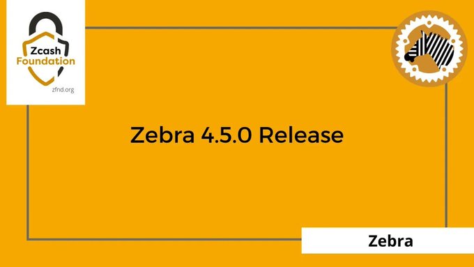 The image features a yellow background with black text that reads "Zebra 4.5.0 Release". The text also includes an image of a zebra, which is part of the Zcash Foundation logo. The image is accompanied by a caption that says "Zcash releases emergency Zebra update fixing critical consensus and DoS vulnerabilities." This suggests that there might be an urgent need to release an update for the zebra-themed cryptocurrency, addressing potential security issues or vulnerabilities in its consensus mechanism.