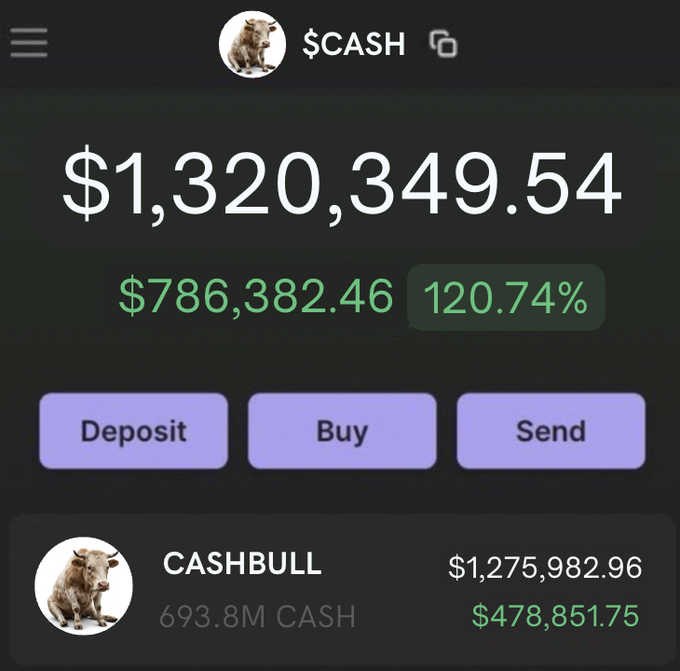 A mobile wallet screenshot displays a $CASH balance of $1,320,349.54, showing a gain of $786,382.46 (120.74%), with a prominent CASHBULL holding of 693.8M CASH valued at $1,275,982.96. The image appears to be promoting a CASHBULL airdrop, as the displayed balance suggests substantial token holdings to attract participants to the giveaway requiring $SOL addresses.