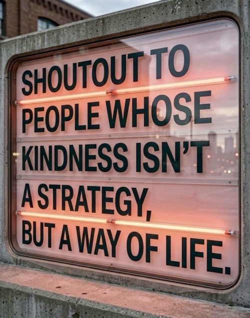 Illuminated sign with the quote 'SHOUTOUT TO PEOPLE WHOSE KINDNESS ISN'T A STRATEGY, BUT A WAY OF LIFE.' by Mike Dooley.
