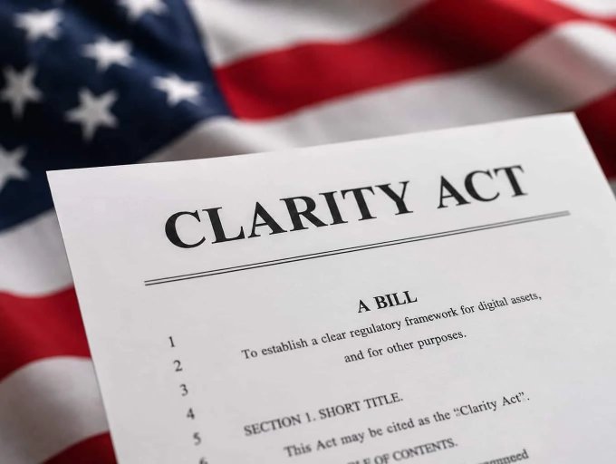 The image features a close-up of an American flag, which has "THE CLARITY ACT" written on top of it. The text appears to be in black marker against white paper or cardstock, making it stand out prominently. The background is blurred and not as detailed, drawing attention to the text on the flag. The image also includes a caption that reads: "HUGE: The CLARITY ACT is coming! Here's the CLEAR interview with Brad Garlinghouse on FoxBusiness." This information suggests that there might be an upcoming event or news related to the clarity act in progress, and it could potentially impact people's lives.