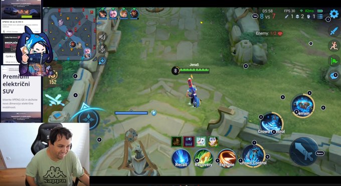A streamer is playing a mobile MOBA game (appears to be Honor of Kings/Arena of Valor) with his webcam feed in the corner, showing an in-game score of 8 vs 7.