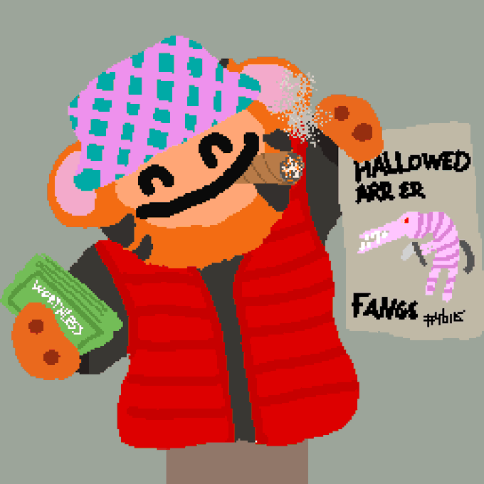 A cartoonish bear character with a tongue sticking out, wearing a red vest and a pink checkered hat, holding money next to a 'Hallowed Archer' sign.