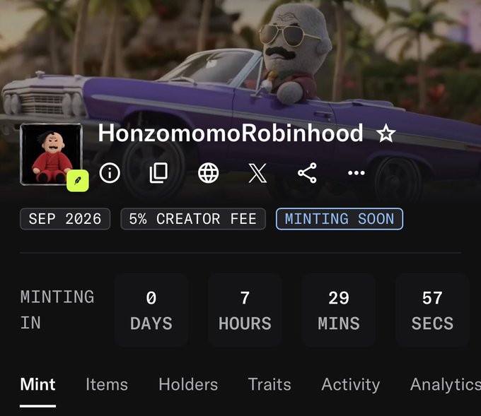 An NFT mint page for "HonzomomoRobinhood" featuring a 3D character in sunglasses driving a purple convertible, with a countdown of 0 days, 7 hours, 29 minutes, and 57 seconds until minting begins.