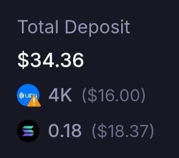 A digital wallet screenshot showing a 'Total Deposit' of $34.36, broken down into 4K ($16.00) and 0.18 ($18.37) holdings on a dark background.