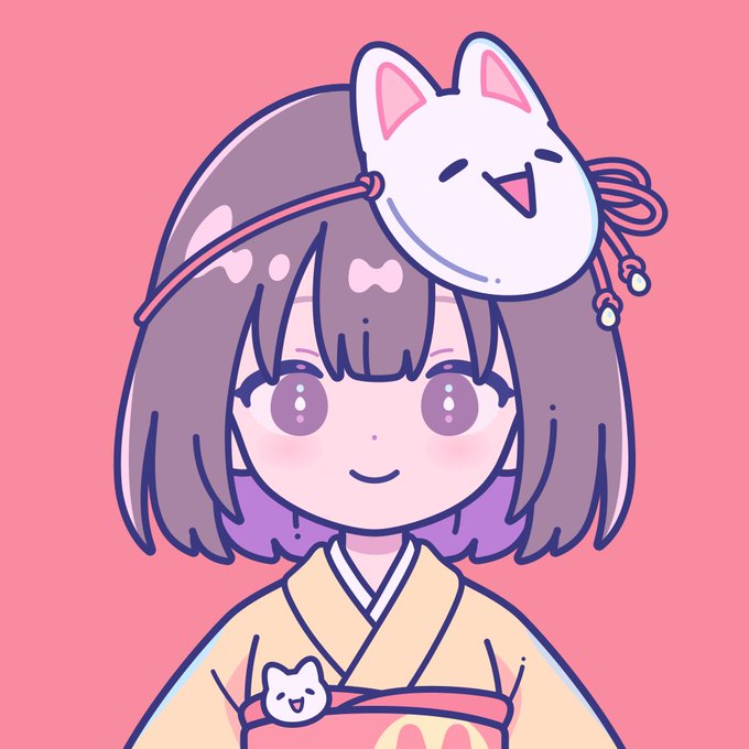 An anime-style illustration of a young girl with purple hair wearing a fox mask on her head and a yellow kimono with a small cat accessory.