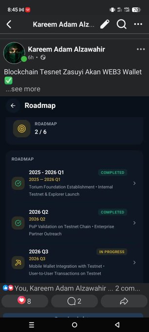 A Facebook post by Kareem Adam Alzawahir about Blockchain Tesnet Zasuyi Akan WEB3 Wallet, showing a roadmap with milestones for 2025-2026 Q1, Q2, and Q3.