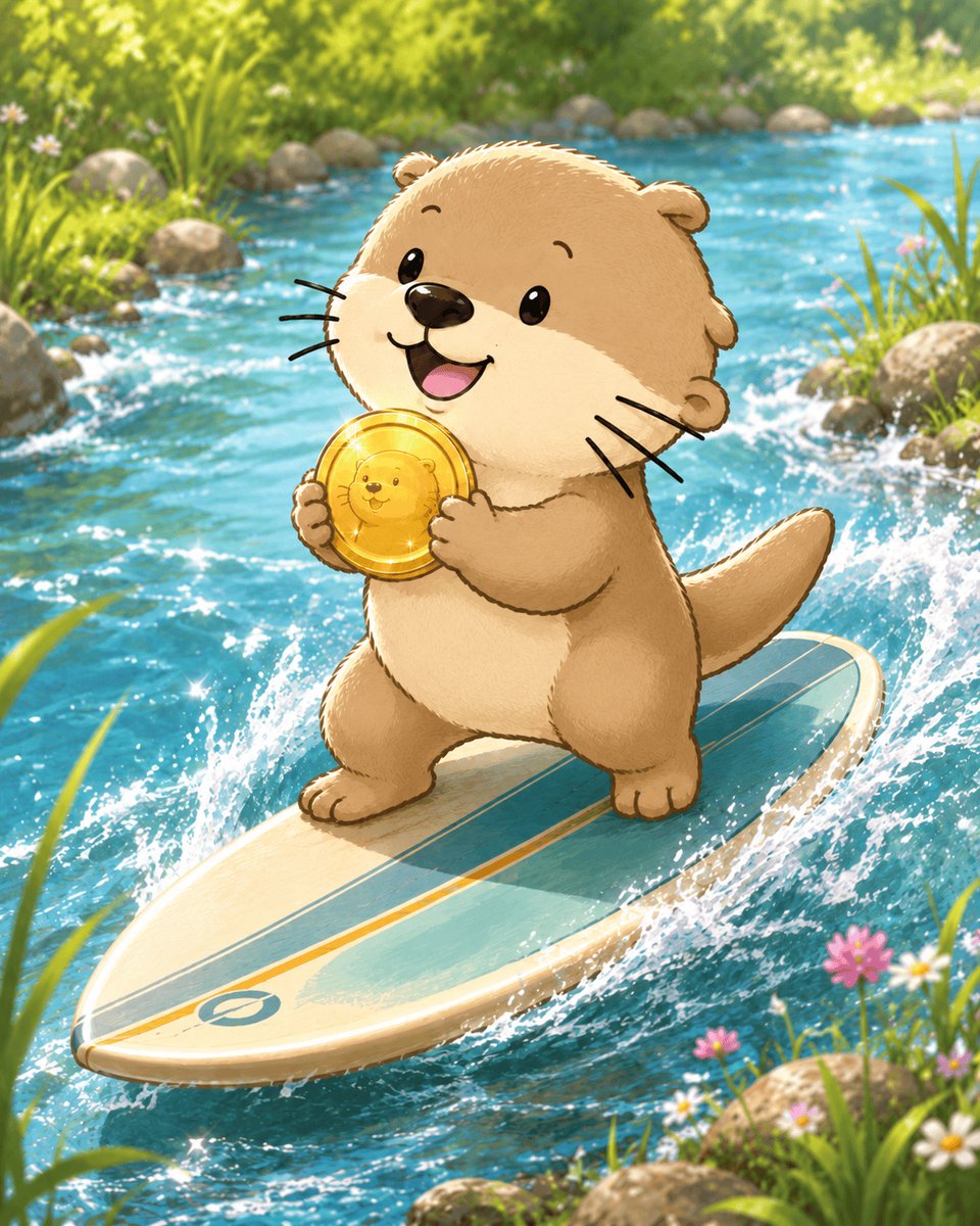 The image features a cartoon otter riding a surfboard, holding a gold coin in its paws while standing on top of the board. The background shows a river with rocks and plants, creating a natural setting for the scene. The caption provided is related to an advertisement campaign that encourages users to share their rewards between qualified users by August 5th.
