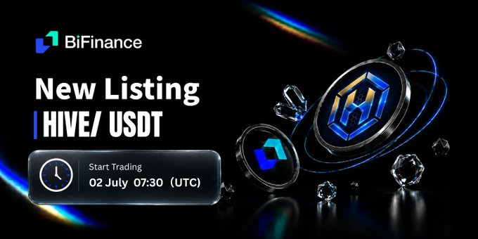 BiFinance announces a new listing for HIVE/USDT with trading starting on July 2 at 07:30 (UTC), accompanied by promotional 3D-rendered HIVE tokens. The image directly visualizes the exchange's listing announcement, featuring the BiFinance logo, trading pair ticker, and launch countdown.