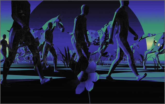 A digital illustration depicting silhouetted human figures walking across a stylized landscape with a glowing blue flower in the foreground, set against a purple and teal gradient sky with a large circular celestial body.