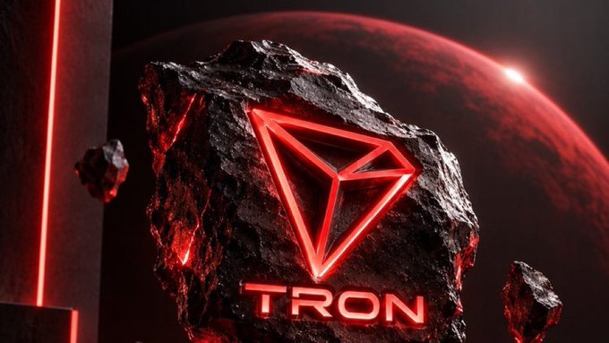 A 3D rendering of a dark, rocky asteroid bearing a glowing red triangular Tron logo and 'TRON' text, set against a dark background featuring a red planet and a neon red light strip.