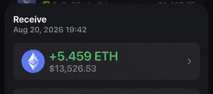 A mobile wallet notification showing a "Receive" transaction of +5.459 ETH ($13,526.53) dated Aug 20, 2026. The nostalgic phrase "I miss August man" reflects longing for that profitable crypto moment when Ethereum reached such a high value.