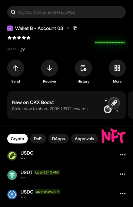The image shows an app screen with various icons representing different cryptocurrency exchanges or wallet services. The main focus of the image is a post by @star_okx, asking if they could add the NFT tab back into the app's interface. This feature request would allow users to easily access and manage their NFT investments within the app.
