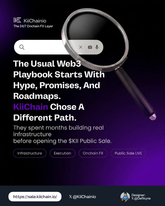 A promotional image for KiiChain.io, "The 24/7 Onchain FX Layer," features a large magnifying glass over a search bar and states "The Usual Web3 Playbook Starts With Hype, Promises, And Roadmaps. KiiChain Chose A Different Path," noting they built real infrastructure before the $KII Public Sale (https://sale.kiichain.io/).

This image directly illustrates the post's critique by visually contrasting the "usual" Web3 hype-driven approach with KiiChain's claim of prioritizing infrastructure development before launching their token sale.