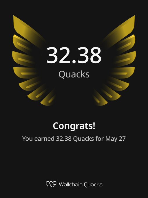 The image features an app that congratulates users for completing a Quack challenge, and it displays the number 32.38 Quacks as well as the date of May 27th. The post is related to a project that seems to be more focused on the reward aspect rather than strictly following traditional app development approaches.