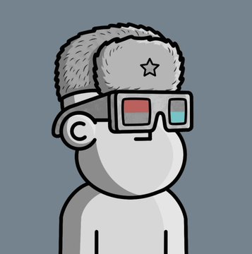 A cartoon character wearing a gray ushanka hat with a star and red-blue 3D glasses against a blue background.