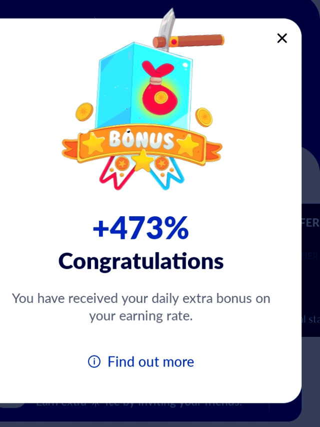 A mobile app bonus screen displaying a '+473% Congratulations' message with a treasure chest and coins graphic, stating the user received a daily extra bonus on their earning rate.