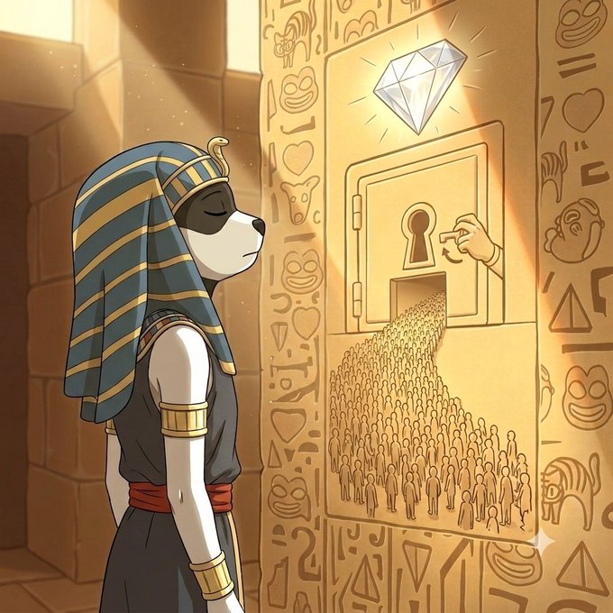 An anime-style illustration shows a dog character dressed as an Egyptian pharaoh watching as crowds of people pour out from a golden door beneath a glowing diamond, with hieroglyphics covering the walls.