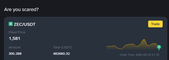 A trading interface showing a completed ZEC/USDT order with the question "Are you scared?", displaying a filled price of 1,581, amount of 305.288, and total of 482660.32 USDT, order time 2026-09-23 21:33.